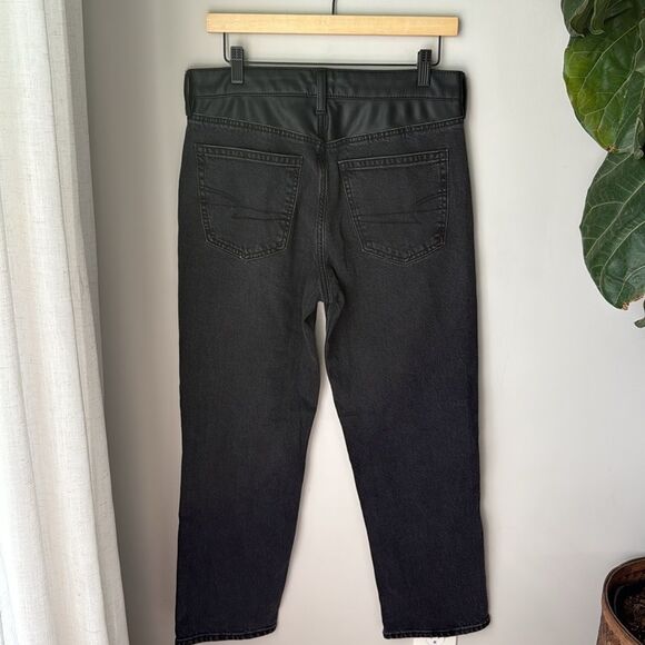 AMERICAN EAGLE BLACK STRETCH SUPER HIGH-WAIST VEGAN LEATHER ANKLE STRAIGHT JEAN - Picture 7 of 10